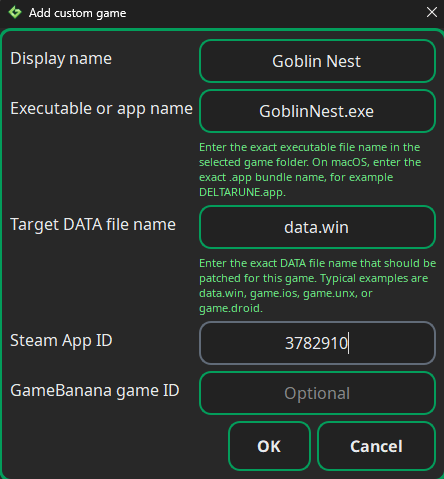 Goblin Nest custom game settings