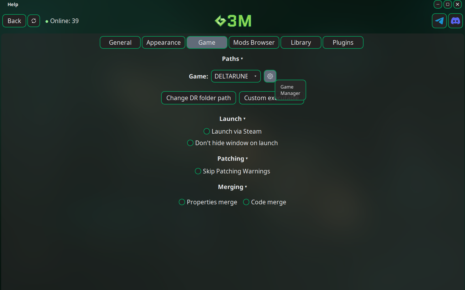 Game tab and Game Manager button